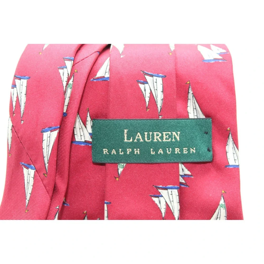 Lauren Ralph Lauren Mens Red Silk Sailboat‎ Nautical Necktie Hand Finished USA